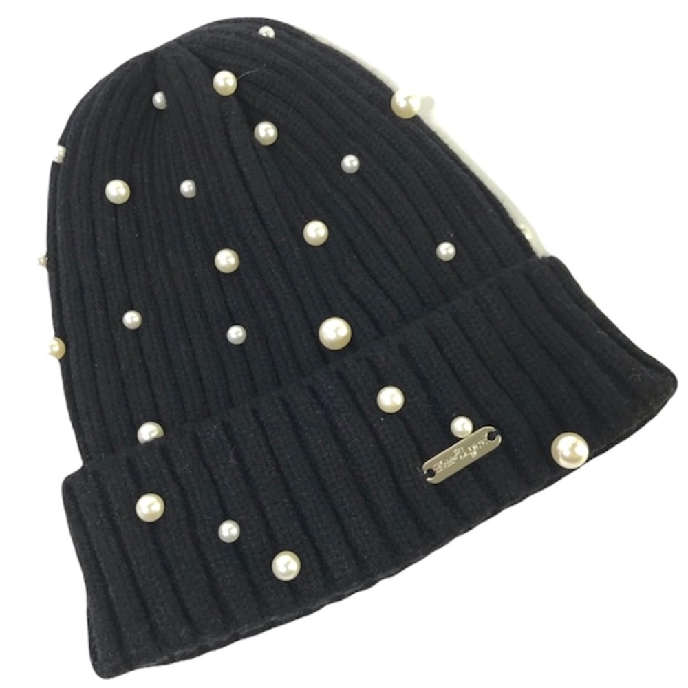 BARI LYNN Black Knit Beanie NEW Knit Hat With Faux Pearls
